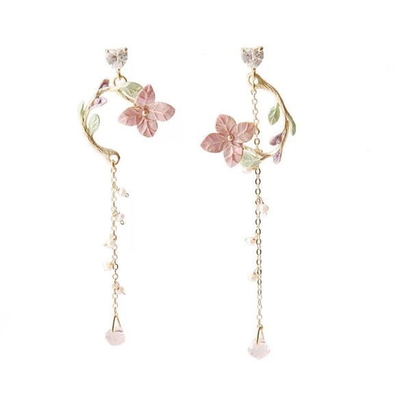 Floral drop earrings dangle gold stud heart bead stone womens pink green - Picture 4 of 5